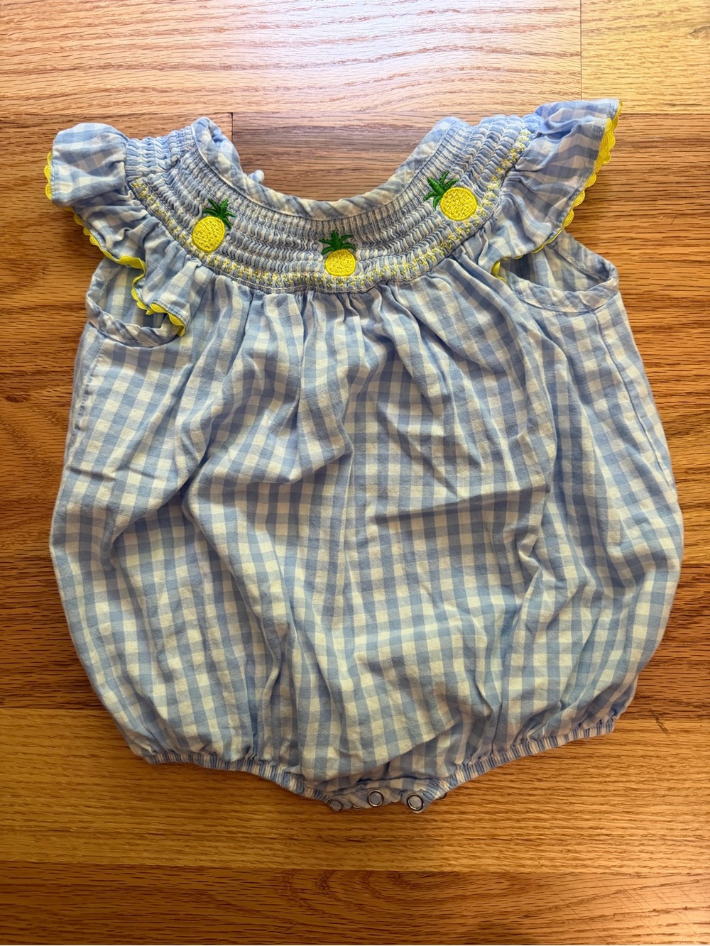 Baby Girls Light Blue Gingham Pineapple Smocked Romper